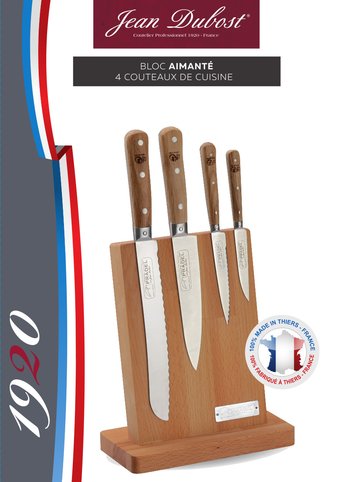 Boite bloc aimanté 4 couteaux de cuisine manches chêne PEFC, 1920, Jean Dubost Pradel fabrication française