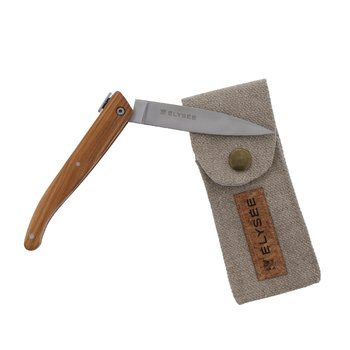 Couteau de poche Elysée X Jean Dubost marquage lame Elysée manche en bois d'olivier made in France
