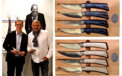 Christian Etchebest et Alexandre Dubost, Salon Maison & Objet, Paris Villepinte, Septembre 2015 Couteaux de table Jean Dubost pour Christian Etchebest  manches en Micarta