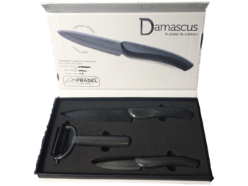 coffret Damascus Pradel Jean Dubost : 3 couteaux lame céramique, dans un magnifique coffret