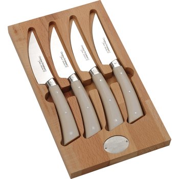 Coffret de 4 couteaux de table Christian ETCHEBEST par Jean Dubost manche en micarta veiné façon bois clair