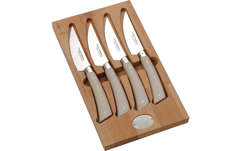 6 COUTEAUX STEAK CREATION MANCHE EN BOIS D'OLIVIER LAME A TRANCHANT LISSE -  EN COFFRET