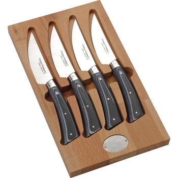 Coffret de 4 couteaux de table Christian ETCHEBEST par Jean Dubost manche en micarta veiné façon bois foncé