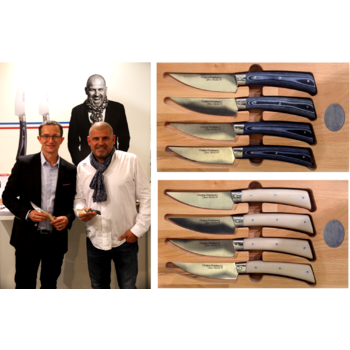 +lumChristian Etchebest et Alexandre Dubost, Salon Maison & Objet, Paris Villepinte, Septembre 2015 Couteaux de table Jean Dubost pour Christian Etchebest  manches en Micarta