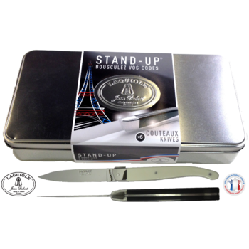 Stand'up couteaux Laguiole Jean Dubost® 2.5 mm, coloris mixés noir et blanc en boite métal, 100% Made in France