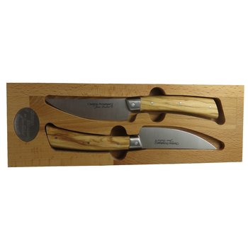 Duo couteaux Christian Etchebest par Jean Dubost manches en bois d'olivier véritable en coffret hêtre huilé avec pastille métal à l'effigie de la marque