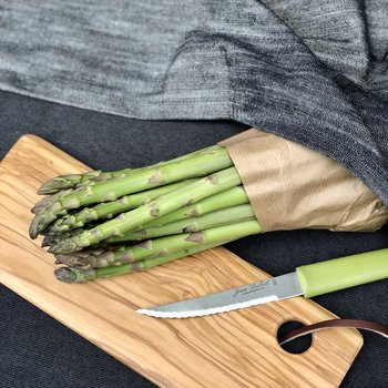 Couteau steak Jean Dubost manche ecoresponsable Line vert, et planche OSLO, credit photo carnet de saveurs