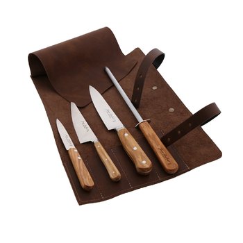 Sacoche du cuisinier Jean Dubost, exemple de composition couteaux manches bois d'olivier véritable avec fusil à aiguiser fabrication francaise