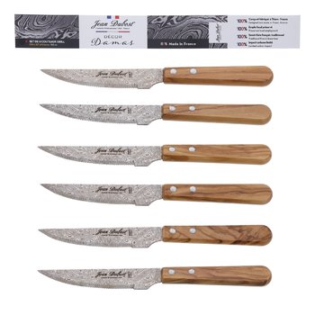 Couteaux grill Jean Dubost lame décor Damas, manche bois d'olivier, made in France